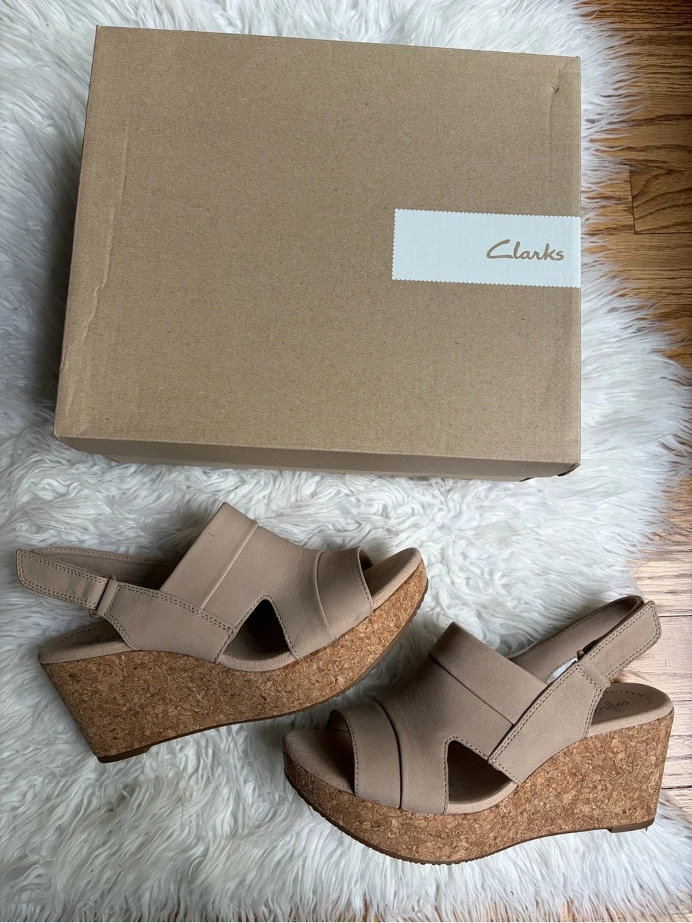 Clarks Annadel Ivory Beige/Tan Cork Platform Wedge Sandals